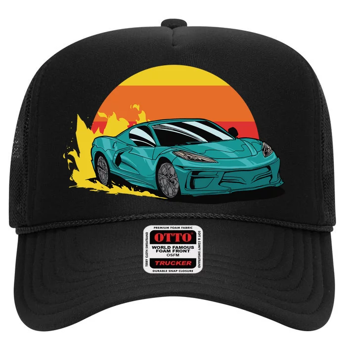 Race Car Sunset High Crown Mesh Trucker Hat