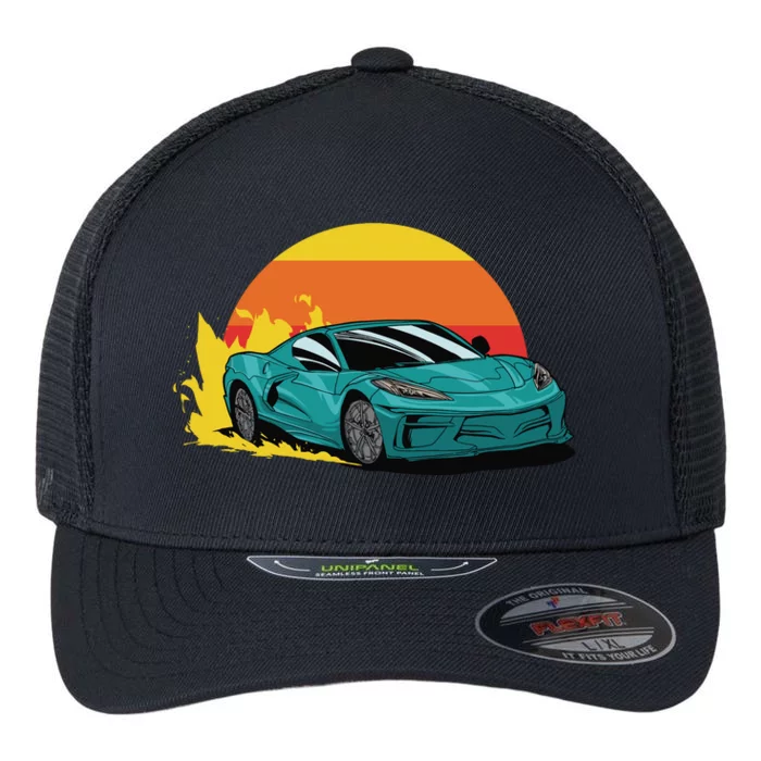 Race Car Sunset Flexfit Unipanel Trucker Cap