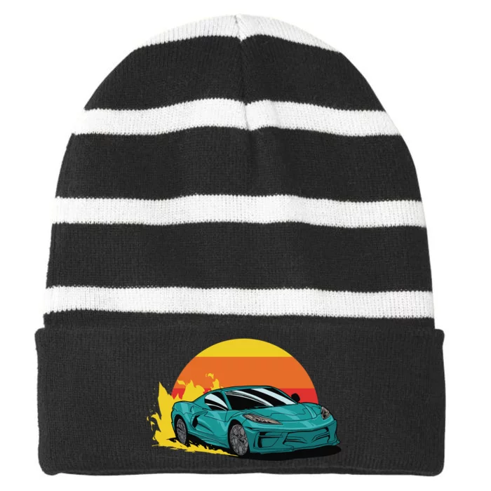 Race Car Sunset Striped Beanie with Solid Band