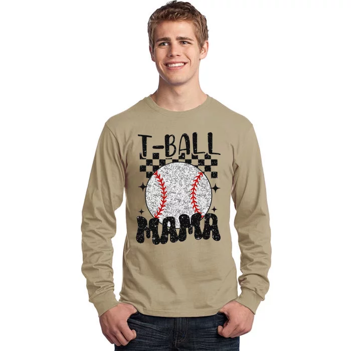 Retro Checkered Teeball Mama Tball Mom Sports Mothers Day Tall Long Sleeve T-Shirt