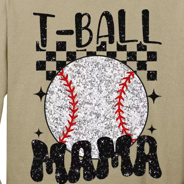 Retro Checkered Teeball Mama Tball Mom Sports Mothers Day Tall Long Sleeve T-Shirt