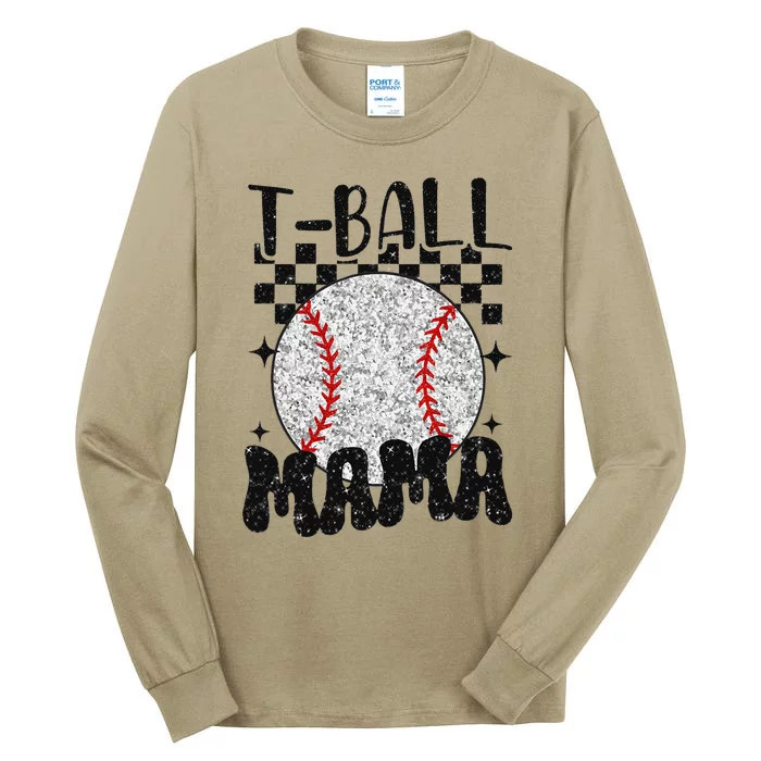 Retro Checkered Teeball Mama Tball Mom Sports Mothers Day Tall Long Sleeve T-Shirt