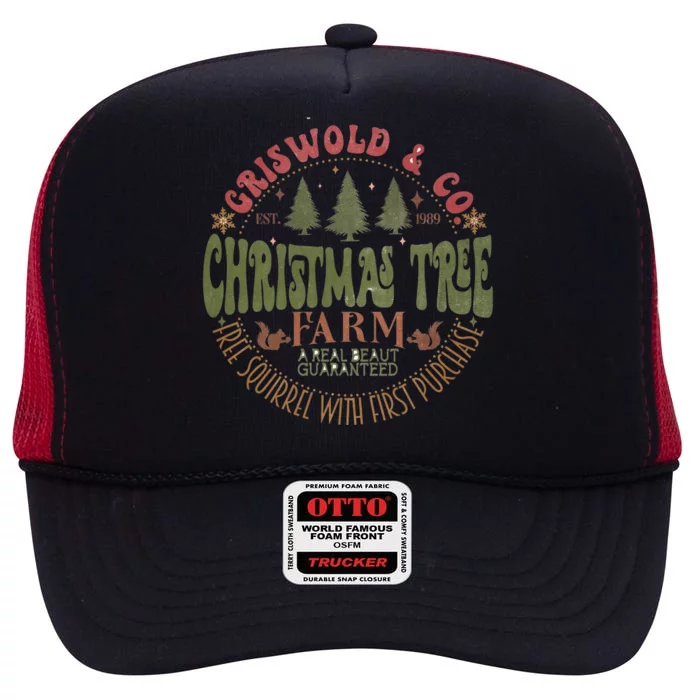 Retro Christmas Tree Farm Funny Holiday Vibes Groovy Family High Crown Mesh Trucker Hat