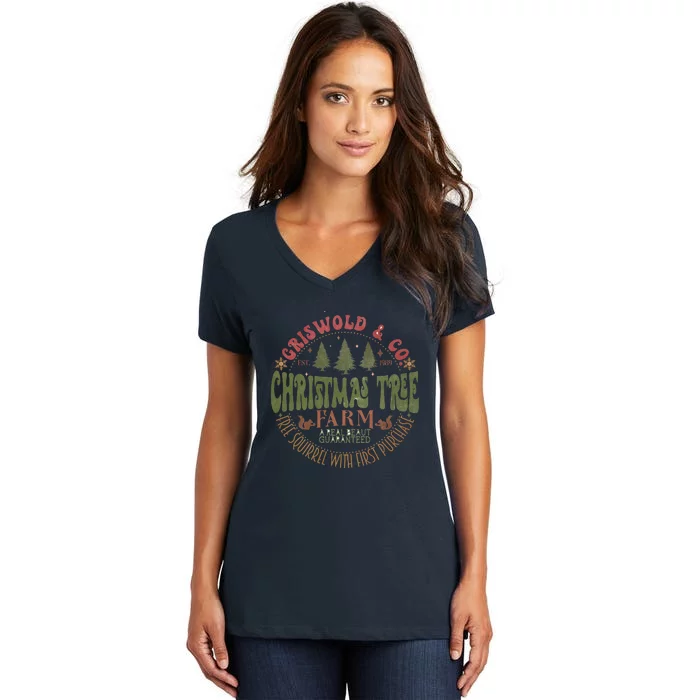 Retro Christmas Tree Farm Funny Holiday Vibes Groovy Family Women's V-Neck T-Shirt