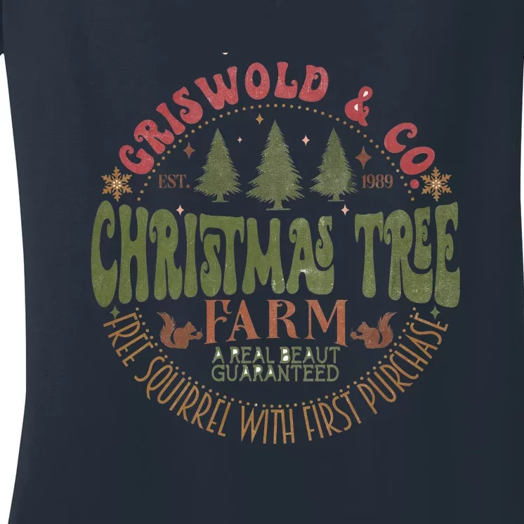 Retro Christmas Tree Farm Funny Holiday Vibes Groovy Family Women's V-Neck T-Shirt