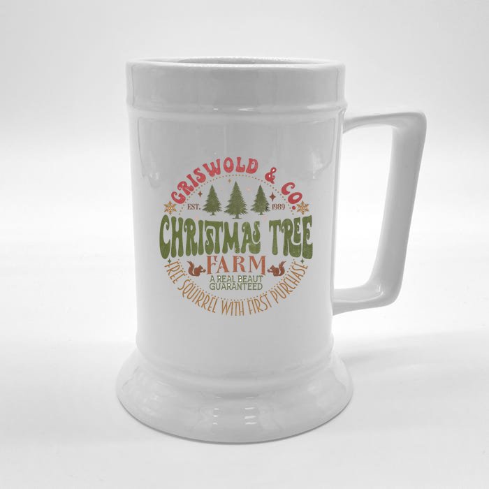 Retro Christmas Tree Farm Funny Holiday Vibes Groovy Family Front & Back Beer Stein