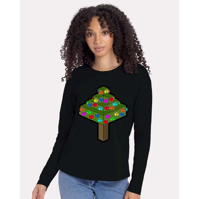 Retro Christmas Tree Blocks Gaming Craft Womens Cotton Relaxed Long Sleeve T-Shirt