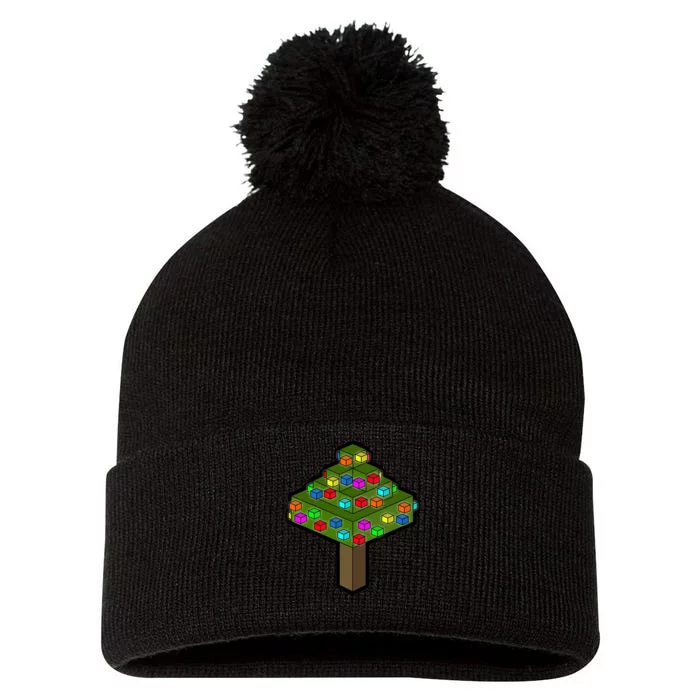 Retro Christmas Tree Blocks Gaming Craft Pom Pom 12in Knit Beanie