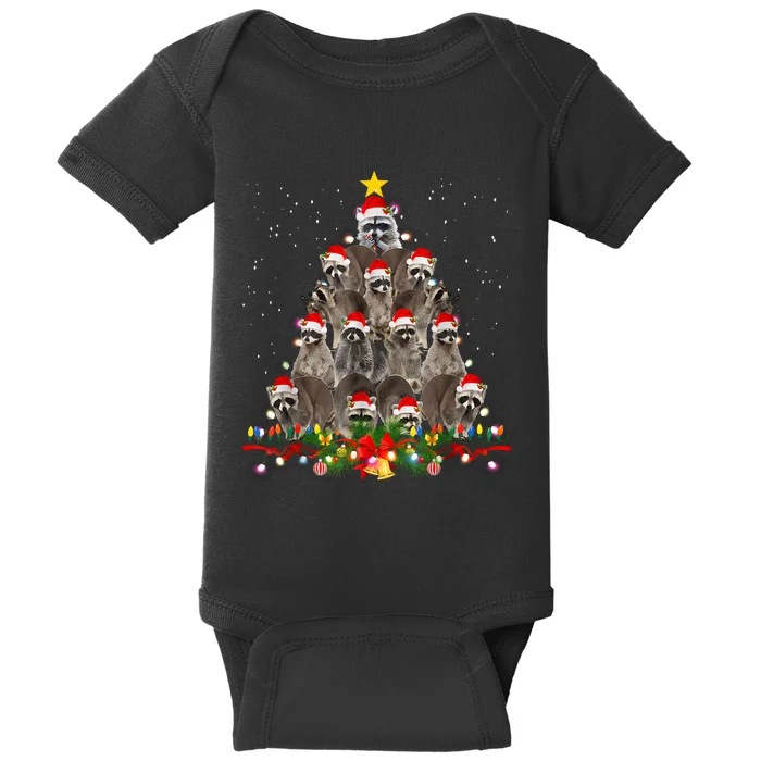 Raccoon Christmas Tree Lights Pajama Racoon Lover Xmas Baby Bodysuit