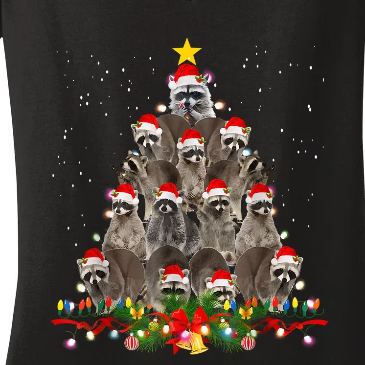 Raccoon Christmas Tree Lights Pajama Racoon Lover Xmas Women's V-Neck T-Shirt