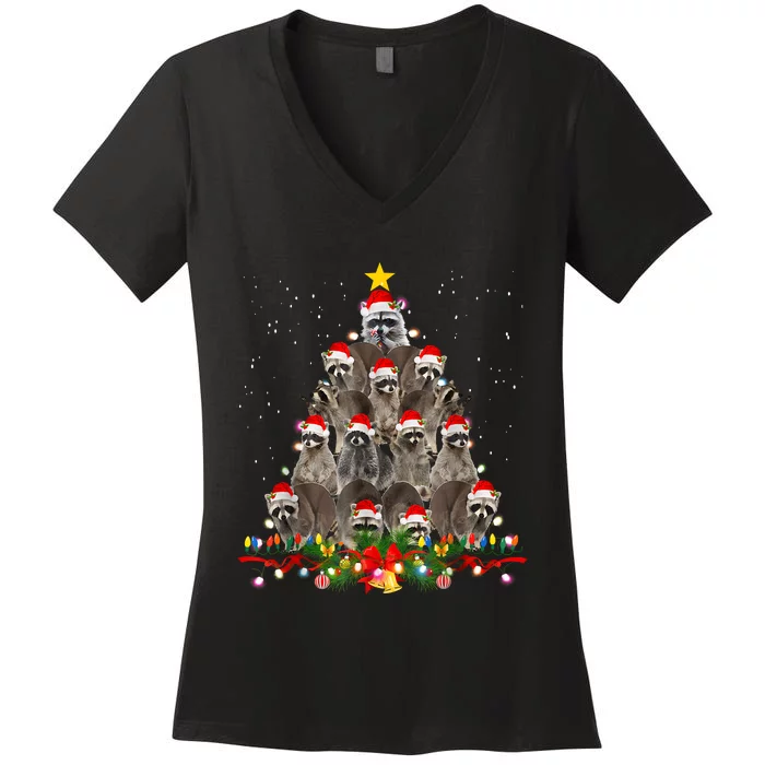 Raccoon Christmas Tree Lights Pajama Racoon Lover Xmas Women's V-Neck T-Shirt