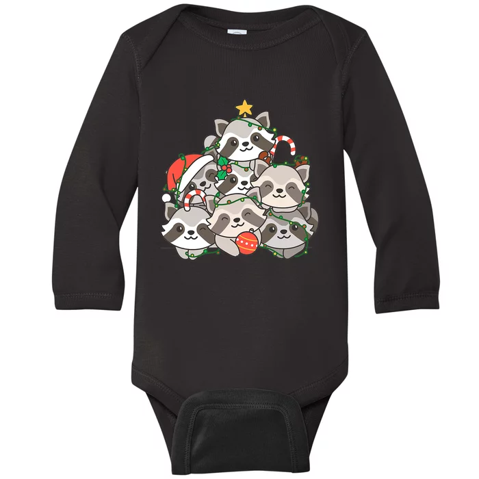 Raccoon Christmas Tree Lights Pajama Racoon Lover Xmas Gifts Baby Long Sleeve Bodysuit