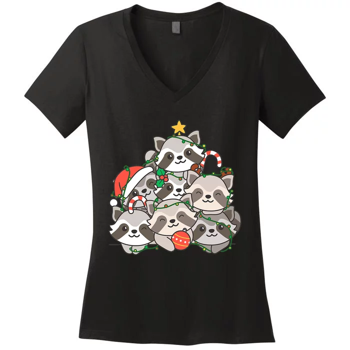 Raccoon Christmas Tree Lights Pajama Racoon Lover Xmas Gifts Women's V-Neck T-Shirt