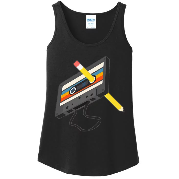 Retro Cassette Tape Pencil 70s 80s 90s Music Mixtape Ladies Essential Tank