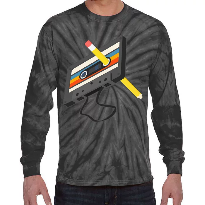 Retro Cassette Tape Pencil 70s 80s 90s Music Mixtape Tie-Dye Long Sleeve Shirt