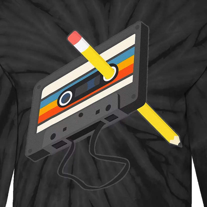 Retro Cassette Tape Pencil 70s 80s 90s Music Mixtape Tie-Dye Long Sleeve Shirt