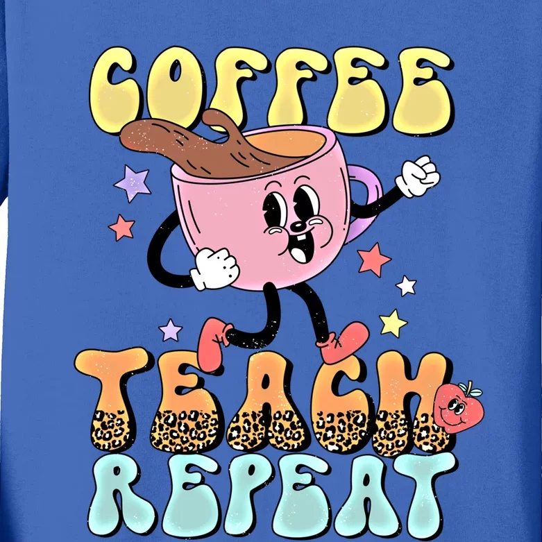 Retro Coffee Teach Repeat Teacher Life Back To School Outfit Gift Kids Long Sleeve Shirt