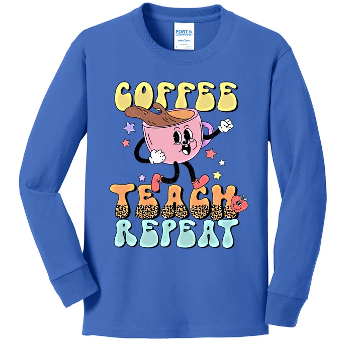 Retro Coffee Teach Repeat Teacher Life Back To School Outfit Gift Kids Long Sleeve Shirt