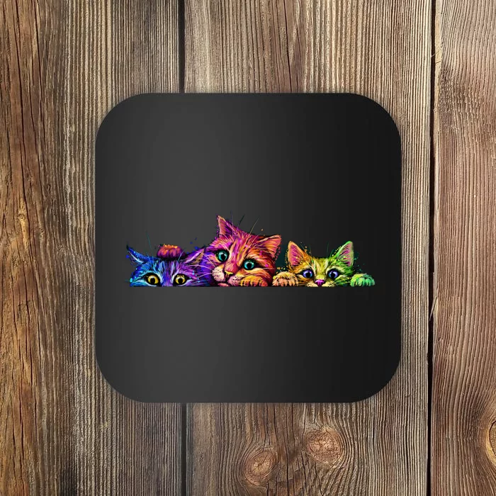 Realistic Cat Trio Colorful Abstract Design Coaster