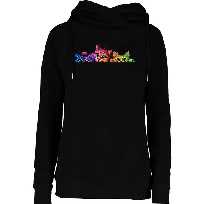 Realistic Cat Trio Colorful Abstract Design Womens Funnel Neck Pullover Hood