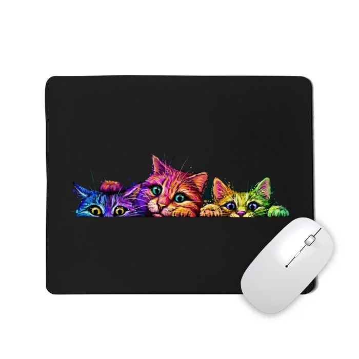 Realistic Cat Trio Colorful Abstract Design Mousepad