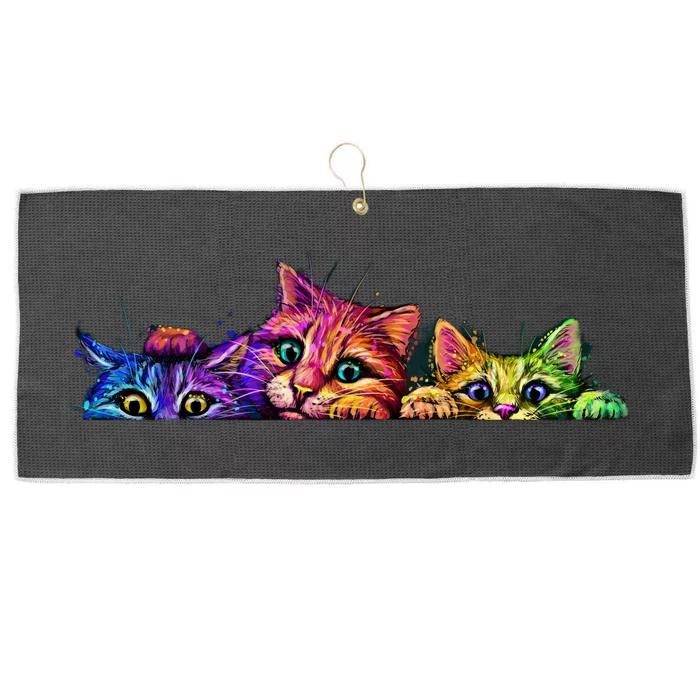 Realistic Cat Trio Colorful Abstract Design Large Microfiber Waffle Golf Towel