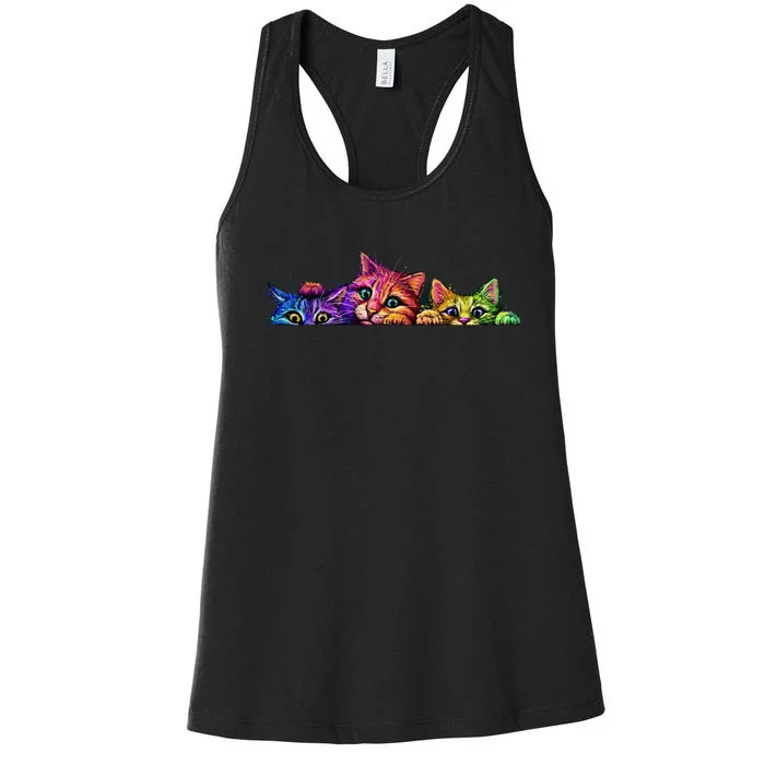 Realistic Cat Trio Colorful Abstract Design Women's Racerback Tank