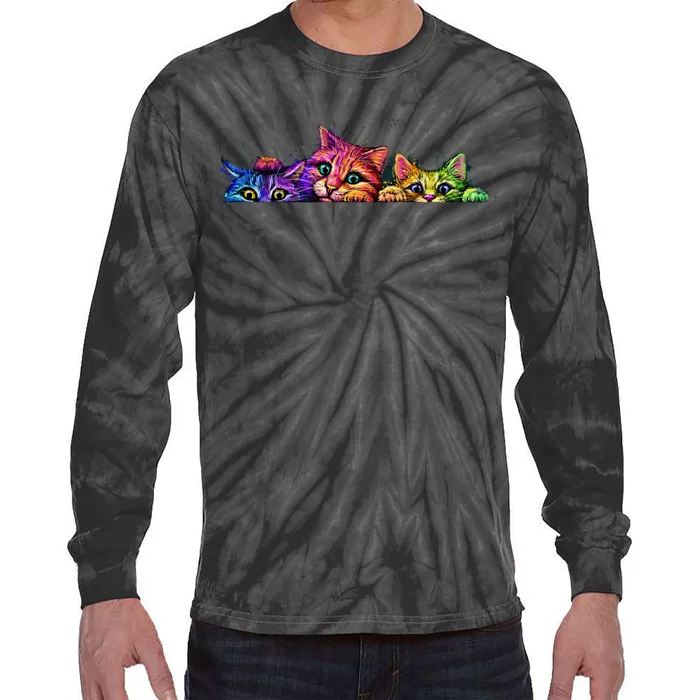 Realistic Cat Trio Colorful Abstract Design Tie-Dye Long Sleeve Shirt