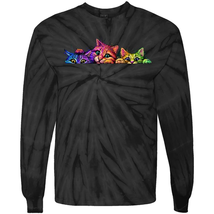 Realistic Cat Trio Colorful Abstract Design Tie-Dye Long Sleeve Shirt