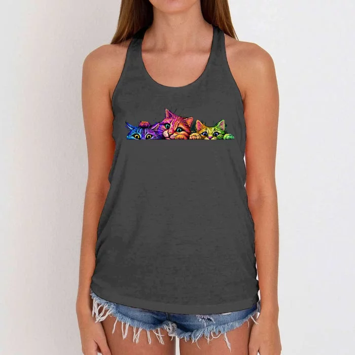 Realistic Cat Trio Colorful Abstract Design Women's Knotted Racerback Tank