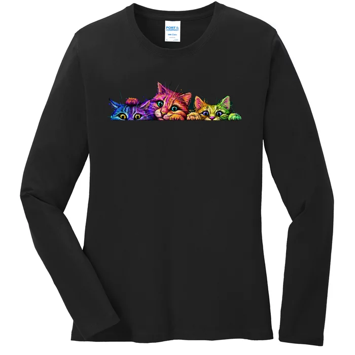 Realistic Cat Trio Colorful Abstract Design Ladies Long Sleeve Shirt