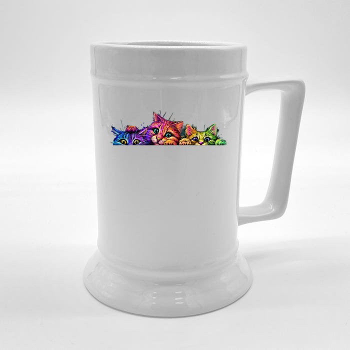 Realistic Cat Trio Colorful Abstract Design Front & Back Beer Stein