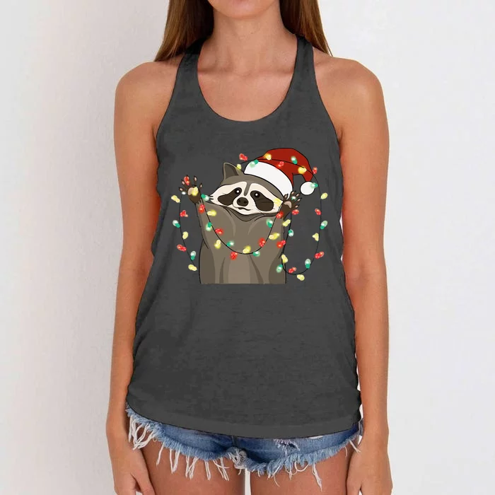 Raccoon Christmas Tree Lights Pajama Racoon Lover Xmas funny Women's Knotted Racerback Tank