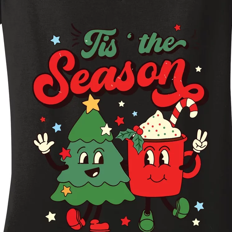 Retro Christmas Tis The Season Christmas Tree Coffee Latte Women's V-Neck T-Shirt