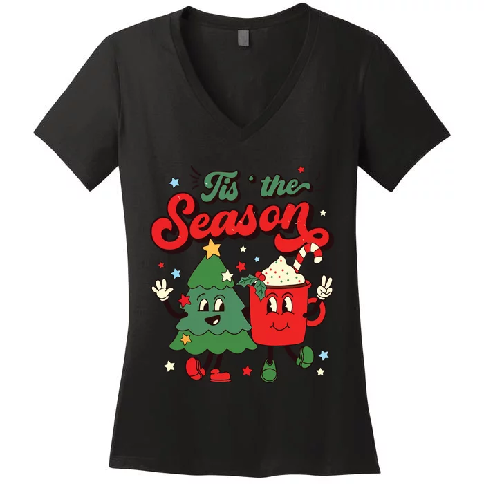 Retro Christmas Tis The Season Christmas Tree Coffee Latte Women's V-Neck T-Shirt