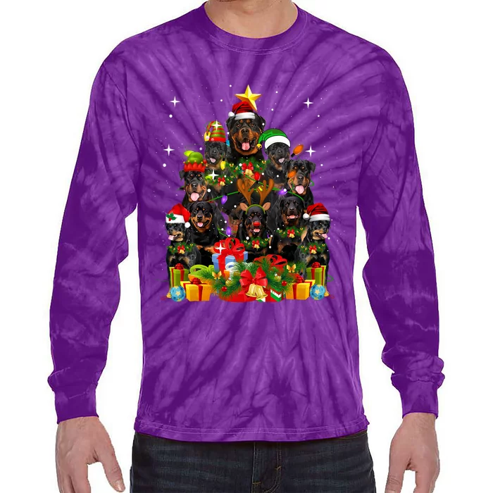 Rottweiler Christmas Tree Lights Santa Hat Holiday Costume Tie-Dye Long Sleeve Shirt