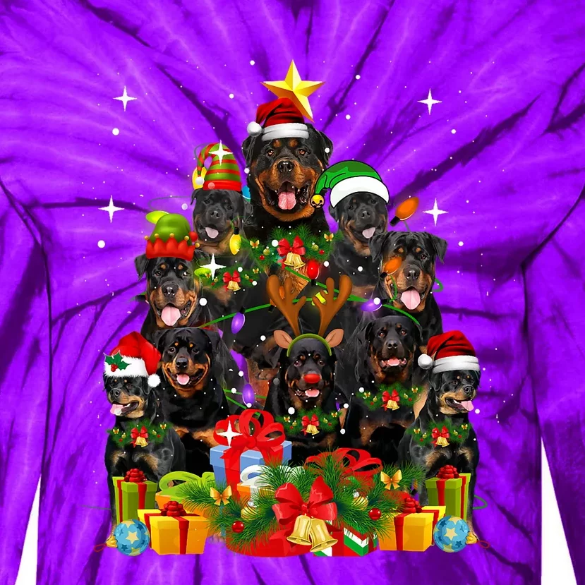 Rottweiler Christmas Tree Lights Santa Hat Holiday Costume Tie-Dye Long Sleeve Shirt