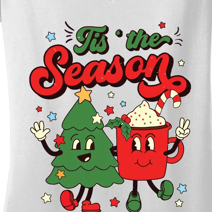 Retro Christmas Tis The Season Christmas Tree Coffee Latte Women's V-Neck T-Shirt