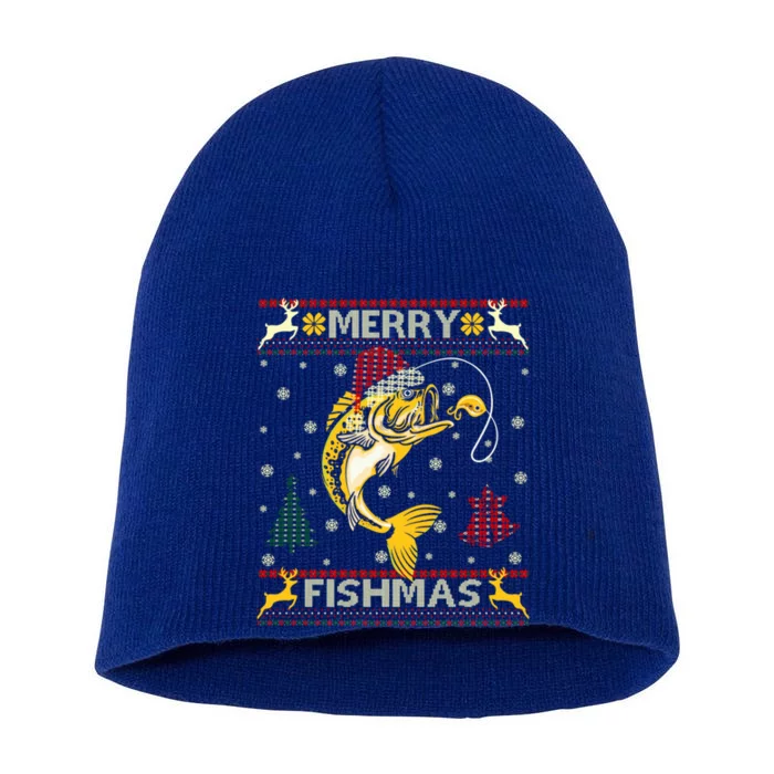 Retro Christmas Ugly Sweater Merry Fishmas Funny Angler Gift Short Acrylic Beanie