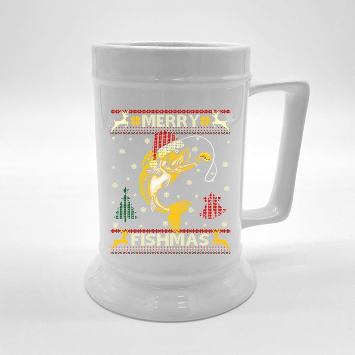 Retro Christmas Ugly Sweater Merry Fishmas Funny Angler Gift Front & Back Beer Stein