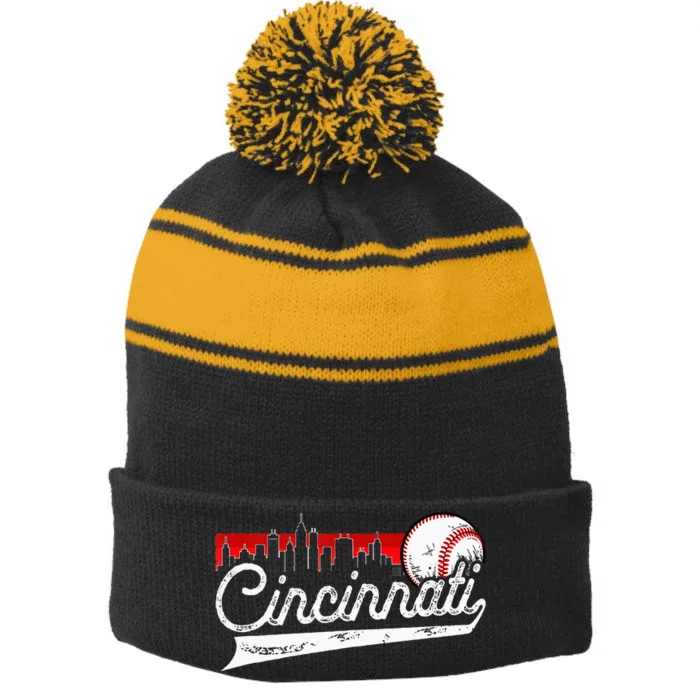 Retro Cincinnati Vintage Baseball Softball Lover Women Men Stripe Pom Pom Beanie