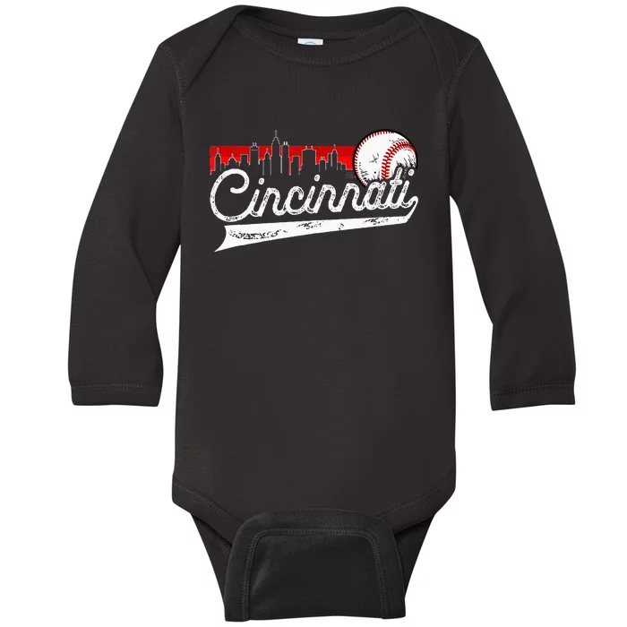 Retro Cincinnati Vintage Baseball Softball Lover Women Men Baby Long Sleeve Bodysuit