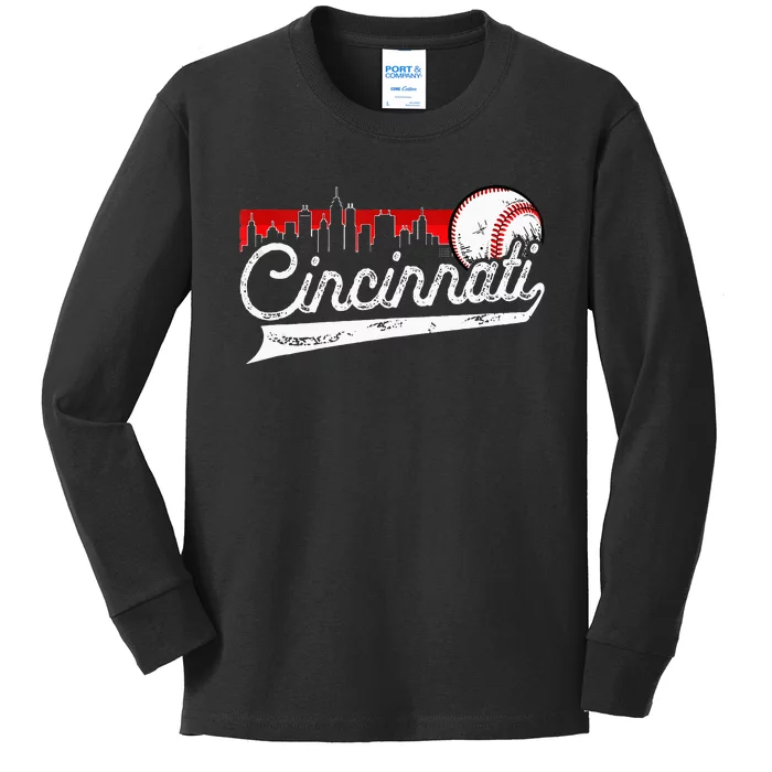 Retro Cincinnati Vintage Baseball Softball Lover Women Men Kids Long Sleeve Shirt