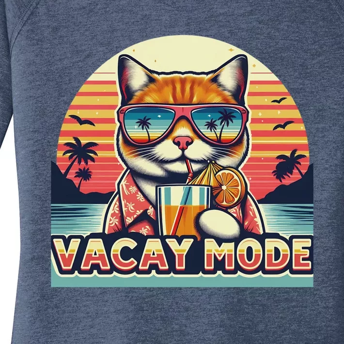 Retro Cat Vacation Summer Family Beach Trip Vacay Mode Ocean Great Gift Women's Perfect Tri Tunic Long Sleeve Shirt