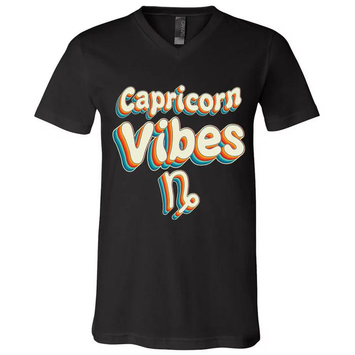 Retro Capricorn Vibes Capricorn Zodiac Birthday Decorations V-Neck T-Shirt