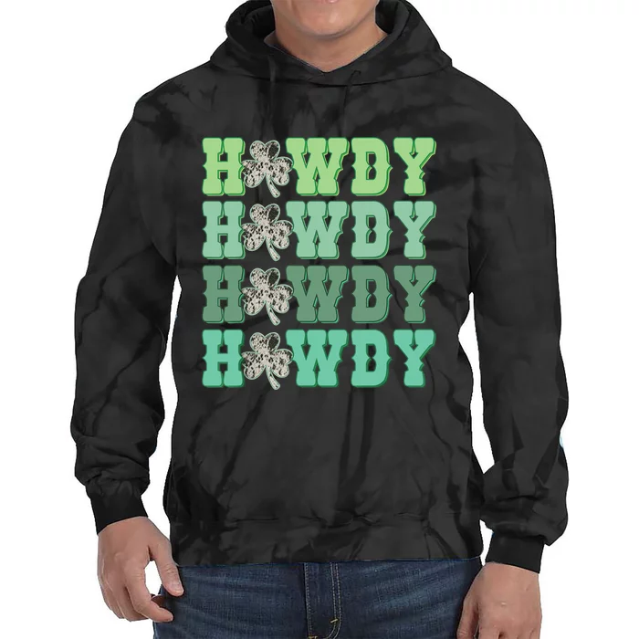 Retro Cowhide Western Howdy St Patricks Day Irish Shamrock Tie Dye Hoodie