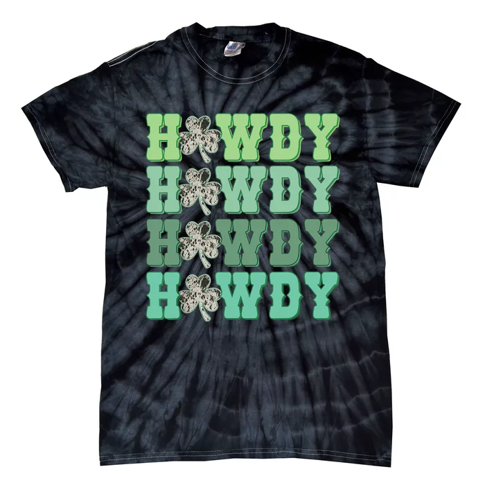 Retro Cowhide Western Howdy St Patricks Day Irish Shamrock Tie-Dye T-Shirt