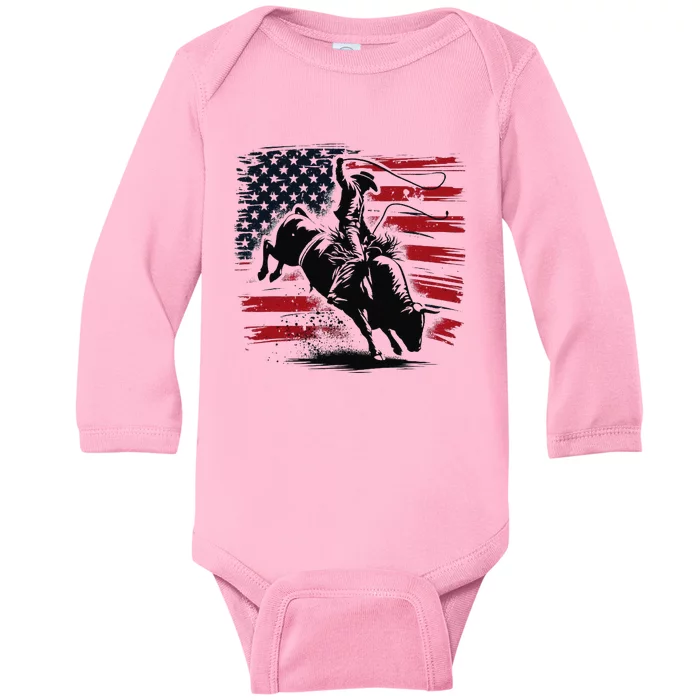 Rodeo Cowboy Western Usa Flag Cow Vintage Baby Long Sleeve Bodysuit