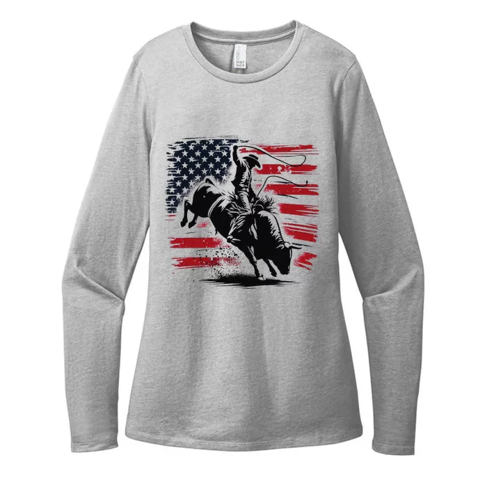 Rodeo Cowboy Western Usa Flag Cow Vintage Womens CVC Long Sleeve Shirt