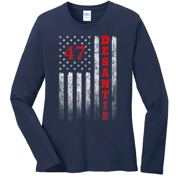 Ron Desantis 2024 American Flag Vintage Faded Distressed Ladies Long Sleeve Shirt